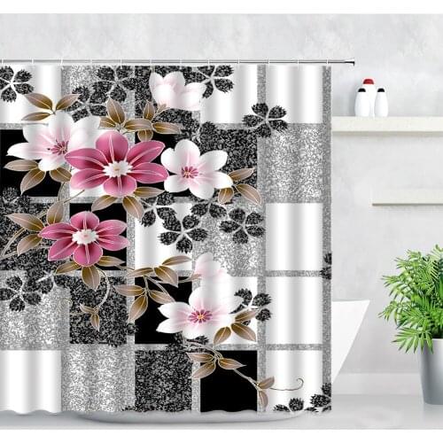 Creative Floral Shower Curtains Pink Flowers White Gray Black Cube Plaid Print Japanese Style Screens Decor Bathroom Curtain Set