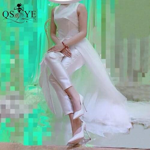 Ivory Pants Prom Dresses Mikado Satin Long Celebrity Dress Sleeveless Jumpsuits Pleat Peplum Waist Tulle Prom Gown for Wedding