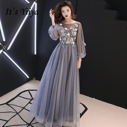 Its YiiYa Evening Dress Full Appliques Beading Flowers Beautiful Formal Dresses Blue Gray Lantern Sleeve Long Party Gown E064