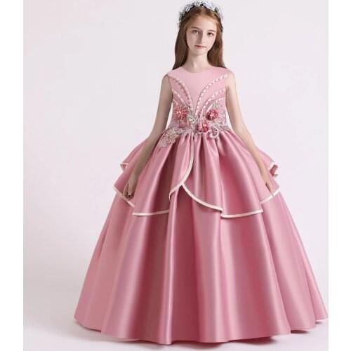 Embroidery Bead Satin Princess Lace Flower Girl 14Y Dresses Girls Pageant Dresses First Communion Dresses Evening Party Dresses