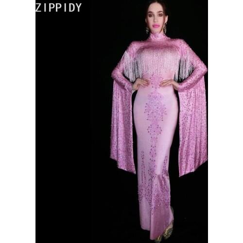 Glisten Pink Rhinestone Fringe Spandex Dress Stage Women Dance Show Outfit Birthday Celebrate Prom Party Long Dresses