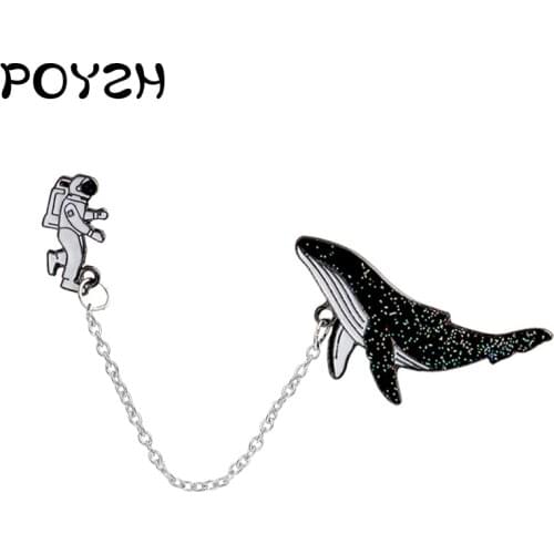 Cartoon Astronaut Whale Chain Brooches Shiny Chic Whale Space Astronaut Enamel lapel pins Denim Fashion Badge Gifts jewelry kids