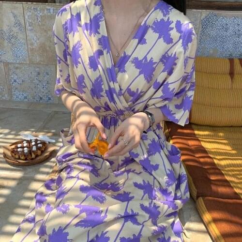 One-Piece Korean Elegant V-Neck Bohemian WomenS Dress 2021 Summer New Lace-Up Waist Bat Wing Large Pocket Casual Holiday Dress