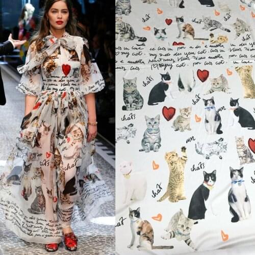 285X145cm Fashion Week Runway Lovely Cats English Letters White Chiffon Fabric for Woman Girl Summer Long Beach Dress DIY