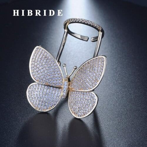 HIBRIDE New Hot Sale Sparkling Butterfly Rings For Women Gold Color Open Adjustable Ring Luxury Jewelry R-249