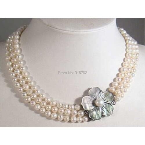 HYFY20143235e>>3 Rows 7-8mm White Akoya Pearl Necklace Shell Clasp
