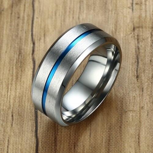 Stylish Mens Basic 8mm Wedding Bands Ring Thin Blue Line Stainless Steel Finger Rings anillo masculino