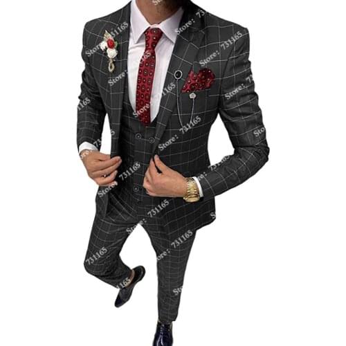 Handsome Groom Wear Tailor-Made Men Suits For Wedding Plaid Checked Blazers 3 Pieces Jacket+Double Breasted Vest+Slim Fit Pants