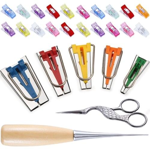 MIUSIE 27 PCS Sewing Clips Bias Tape Makers Sewing Awl Tailor Scissor Fabric Clips for Patchwork Clothing Needlework Accessories