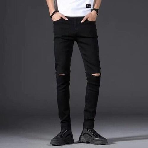 BEIDAFEI Mens Slim Fit Jeans Stretch Destroyed Ripped Skinny Black White Mens Denim Pencil Pants Streetwear Korean Men Pants