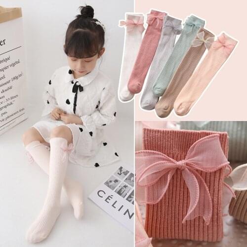 Childrens 6-color tube socks double needle solid color bow spring and autumn new girl big bow knee-length soft cotton edge sock