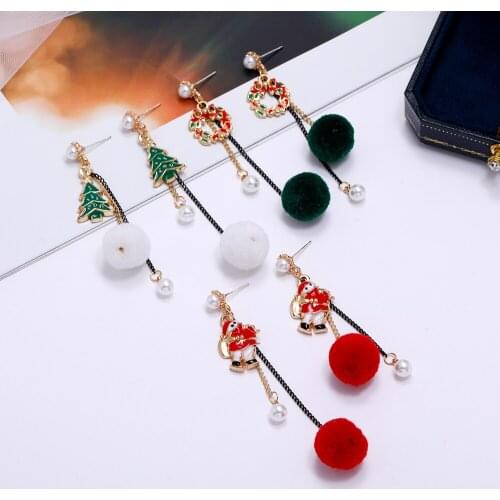 New Christmas Fashion Stud Earrings Christmas Tree Old Man Pearl Hair Ball Pendant Asymmetrical Earrings Girlfriend Jewelry Gift