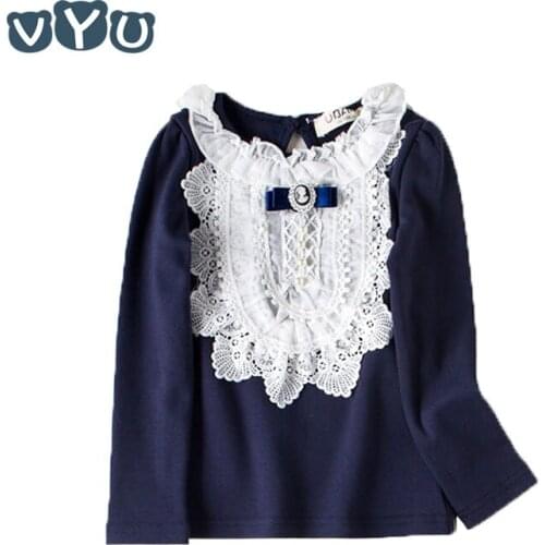 Autumn Sweet Baby Kids Girls Lace Pearl T Shirt Velvet Fashion Bow Basic Tops Princess Blouse For Children Girls Casual Clothes