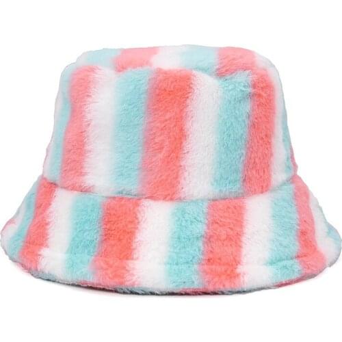 Warm Bucket-Hats Winter Rainbow Striped Thickened Soft Panama Hat Fashion Cloche Faux Fur Soft Fisherman Women Cat