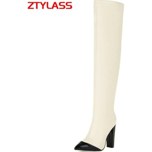 Autumn Winter Women Boots Over The Knee Boots Fashion Square High Heel Knee High Boots Slip On Pointed Toe Shoes Ladies