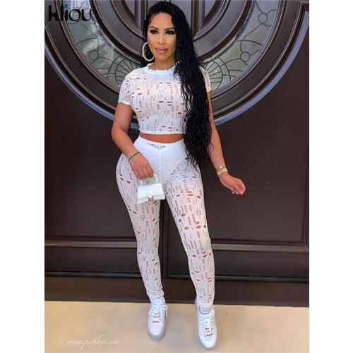 Kliou Midnight Style Two Piece Set Women Unique Design Hollow Out Short Sleeve O-Neck Top+Sheath Body-Shaping Pants Clubwear