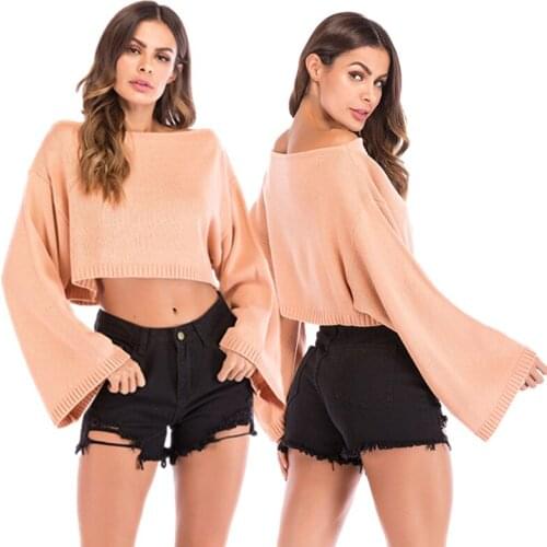 Womens sexy one-word neck sweater Autumn winter casual short style bat sleeve pure color knit jumper women 2021