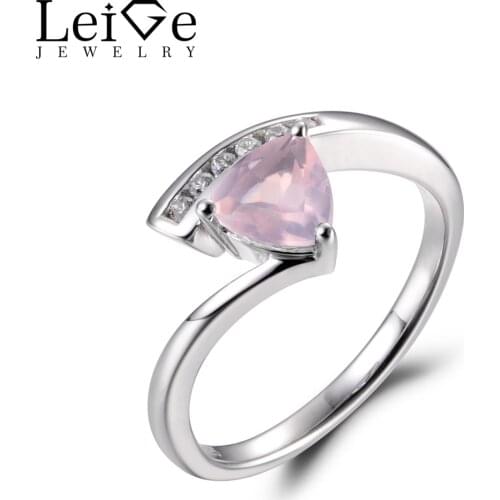 LeiGe Jewelry Natural Pink Quartz Wedding Rings Trillion Cut Pink Stone Ring Solid 925 Sterling Silver Romantic Gifts for Women