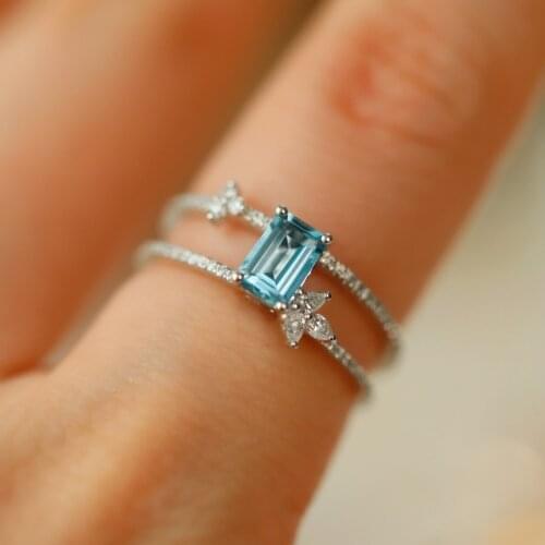 Cute Female Light Blue Hollow Ring Charm Silver Color Open Wedding Rings For Women Luxury Square Zircon Stone Engagement Ring