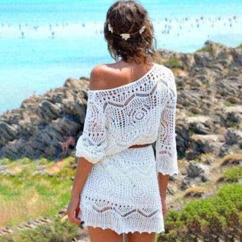 New Sexy Lace Hollow Knit Beach Dress Swimwear Crochet Beach Mini Dress Round Neck White Women Dress