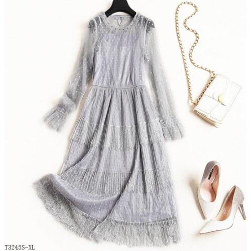 European style 2019 New arrivals summer Spring fashion women clothes temperament patchwork mesh vintage dress T3245