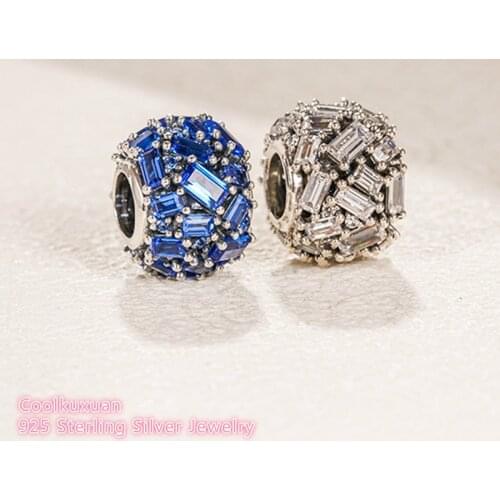 100% 925 Sterling Silver Chiselled Elegance Charm, Blue and Clear CZ beads Fit Original Pandora Charms Bracelet DIY Winter