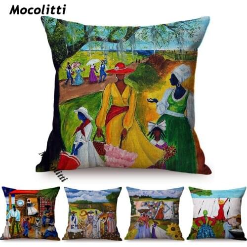 18" Africa Tribal Daily Life Harvest Oil Painting Decorative Car Pillow Case Black Woman African Art Gallery Linen Cushion Cover