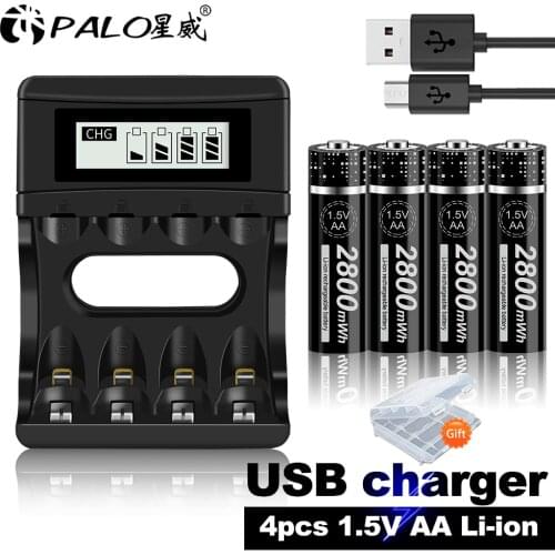 PALO New AA Rechargeable Battery 1.5V 2800mWh Li-ion AA Batteries for Remote Control Electronic Toys + 1.5V Battery Charger
