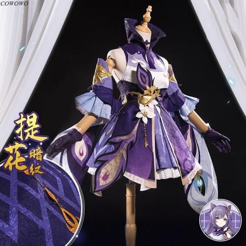 Anime! Genshin Impact Keqing Purple Game Suit Elegant Dress Lovely Uniform Cosplay Costume Halloween Party Outfit Women 2020 NEW