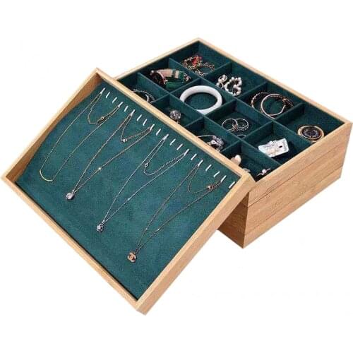 Bamboo Green Velvet Jewelry Display Tray Ring Earring Necklace Bracelet Pendant Organizer Jewelry Storage Tray for Drawer