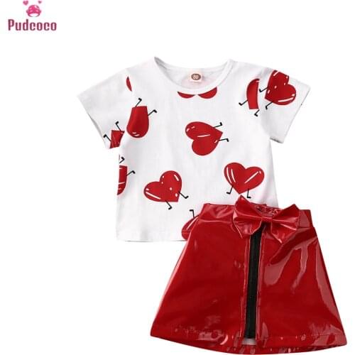 Valentine Day Kid Baby Girl Clothes Sets Love Printed T-shirt Tops and Leather Zip Skirt Summer Outfits 0-5 Years