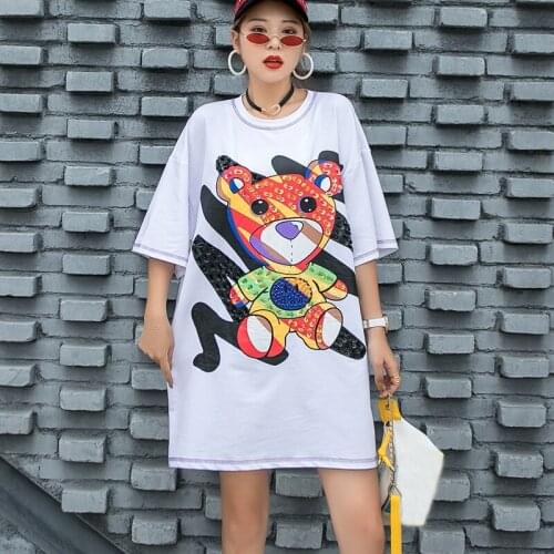 Large Size Cartoon Printing Sequins T-Shirt Short Sleeve O-Neck Loose Long Tees Summer Casual Tees Female Clothes
