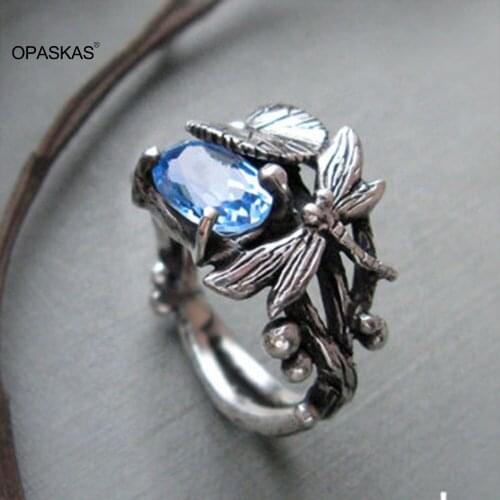 Dragonfly Lotus Ring Alloy Carving Flying Animal Finger Jewelry with Zircon Crystal Decor Vintage Hollow Design PT