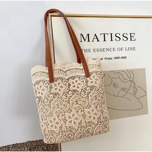 Sweet Lace Hollow Out Composite Handbags Shoulder Bags Women Popular School Bags Summer Beach Casual Totes Bags Camel White
