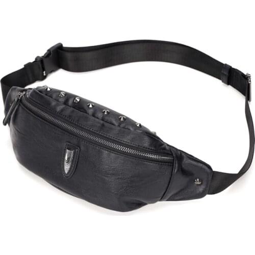 Annmouler Fashion Punk Waist Bag Pu Leather Fanny Pack Unisex Rivet Phone Pouch Black Chest Shoulder Bag Fashion Hip Bag