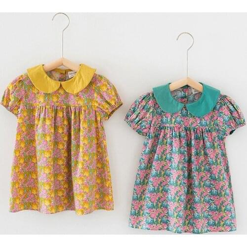 Girls Dress 2021 Summer New Girls Doll Collar Dress Girls Baby Printed Puff Sleeve Short Sleeve Dress ChildrenS Dress