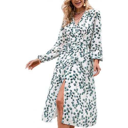 Dropshipping Women Dress Leaf Print Breathable Stretchy Summer Beach Casual Dress for Beauty