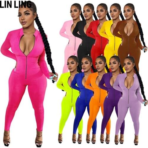 LINLING Solid Sportswear Long Sleeve Pullover Zipper Casual Fashion Autumn Fitness Tight Street Style Jumpsuit