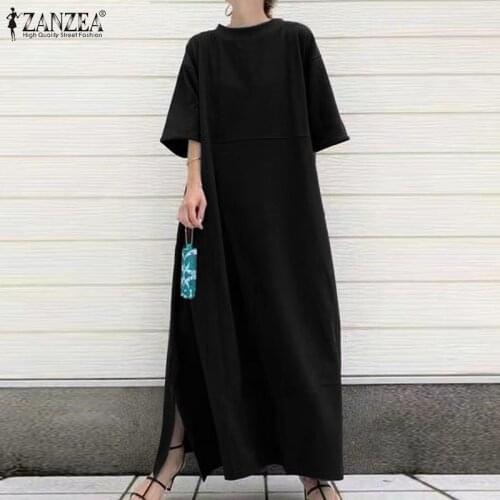 Oversized Women Summer Sundress 2021 ZANZEA Kaftan Solid Maxi Dress Casual Short Sleeve Basic Vestidos Female O Neck Robe Femme