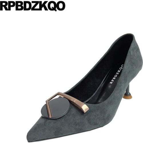 Special Metal Strange Stiletto Blue Suede Medium Heels Pumps Pointed Toe Size 4 34 Black Ladies Dress Shoes Trending Chic High