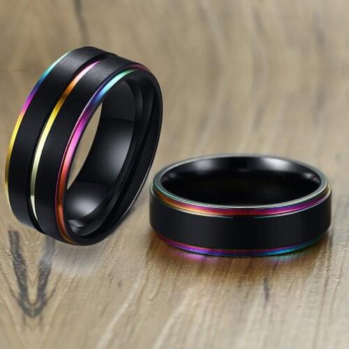 Stylish Black Stainless Steel Basic Wedding Rings for Men With Rainbow Line Male Band Multi Color Gentleman Accessories
