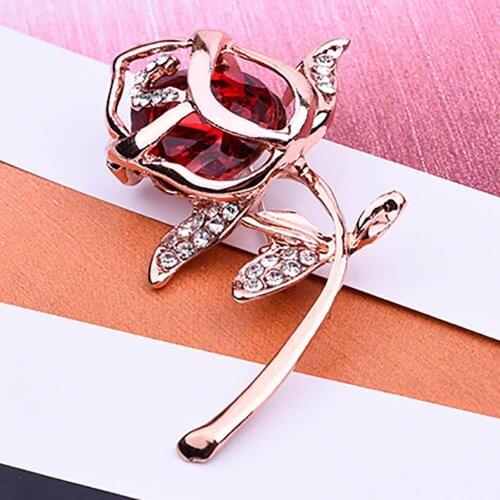 High Quality Glass Crystal Red Rose Flower Brooches For Women Or Wedding Valentines Day Gift