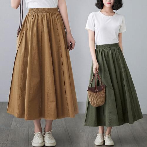 Large Size High Waist Women Linen Cotton Long Skirts 2021 Spring Summer New All-match Casual Thin Pleated A-line Skirt aq512