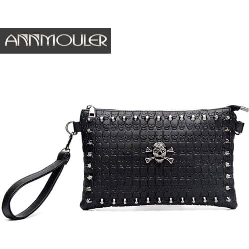 Annmouler Women Fashion Shoulder Bag Pu Leather Crossbody Bag Small Purse Skull Embossed Clutch Bag Rivet Envelop Bag for Girls