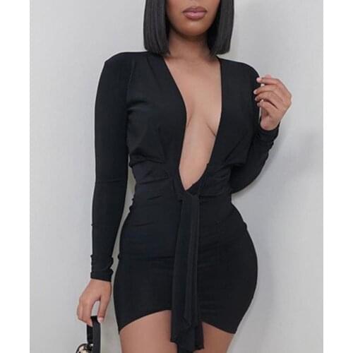 Womens Dresses Deep V-neck Skin-friendly Female Long Sleeve Tight Dress for Going Out Summer Elegant Lady Party Clothes Vestido