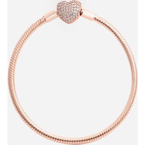 Original 925 Sterling Silver Rose Heart Clasp Snake Chain pan Bracelet Bangle Fit Women Bead Charm DIY Jewelry