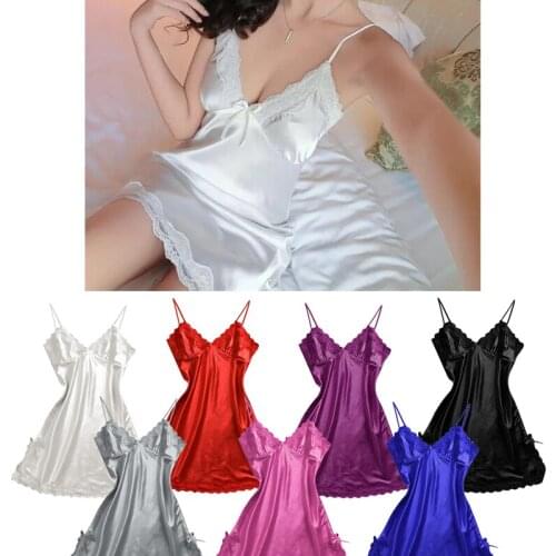 White Sexy Lingerie Sleepwear women hot Satin Bowknot Lace Babydoll red Slip Dress S M 2XL Large Size Purple Sleep Dress