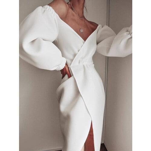 Sexy V Neck Women Wrap Dress Lantern Sleeve Slit Dresses Night Celebrate White Black Party Date Robe Vestidos Female New Fashion