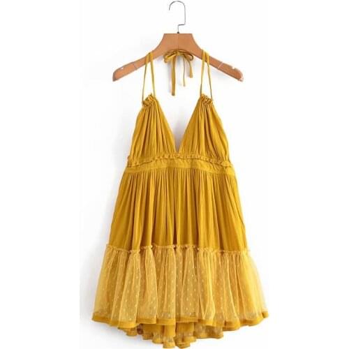 Women Casual Mini Dress Sling Solid Folds Lace Stitching Deep V Neck Sexy Halter Halter Dress Vestidos Feminino Summer Hot 2021