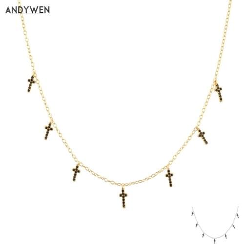 ANDYWEN 925 Sterling Silver Winter Black Zircon Cross Charm Choker Long Chain Necklace 2021 Fashion Jewelry Fine Party Tiny Jewe